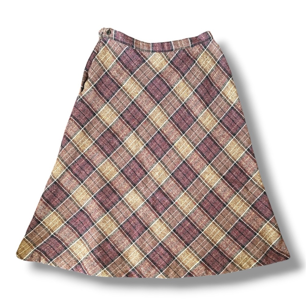 Vintage 60s/70s Purple Tan Plaid Tweed A-Line Midi Skirt Women's Size S/M Retro - Picture 2 of 16